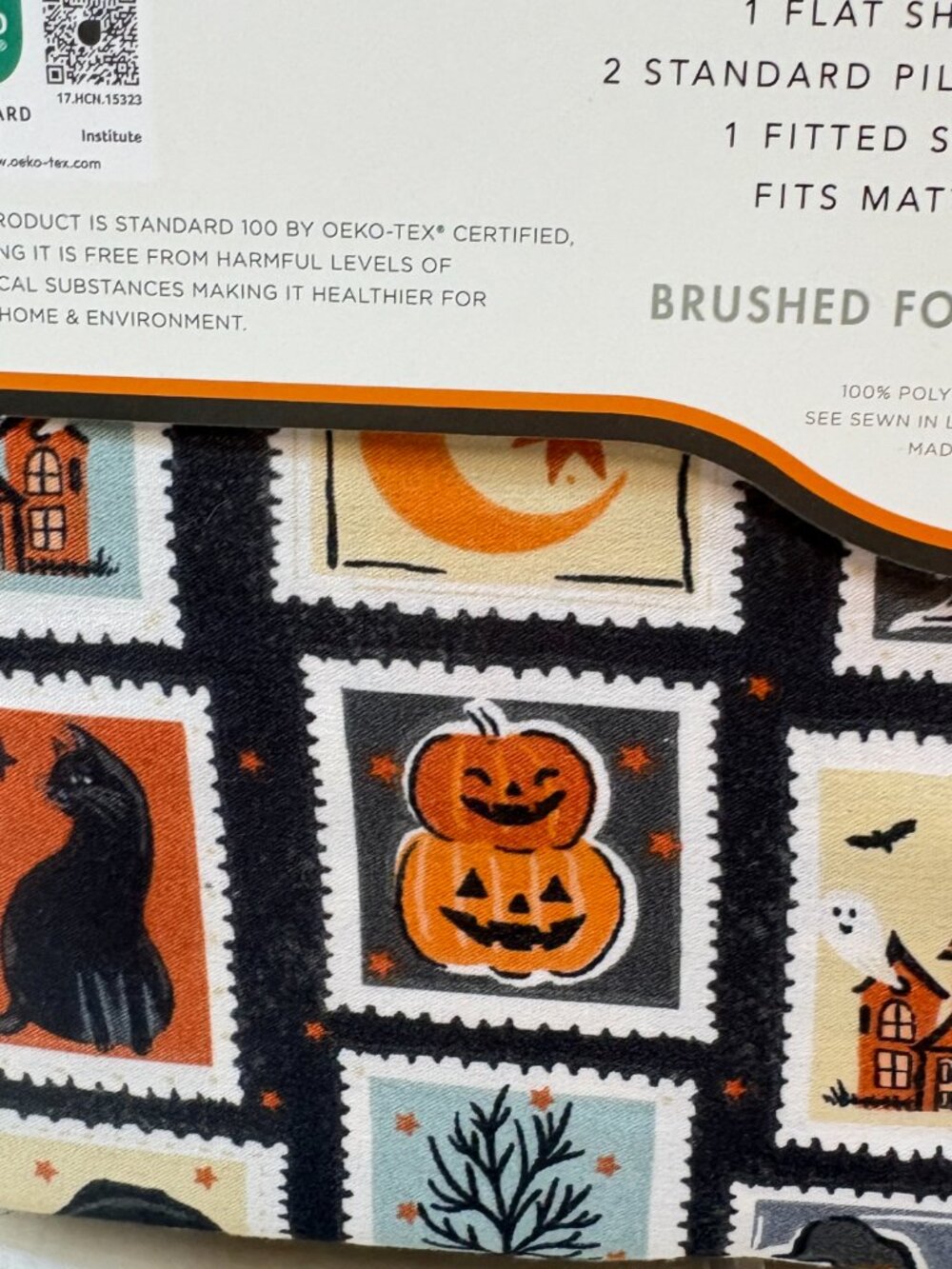 Envogue QUEEN Sheet Set Halloween Icons Stamps Cat Pumpkin Ghost Haunted House - Picture 5 of 7